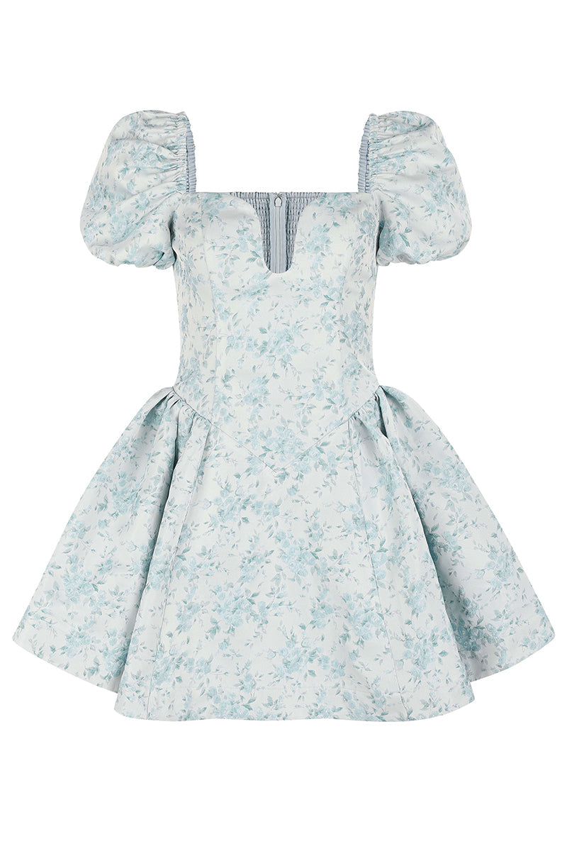 Floral Print Irregular Neck Puff Sleeve A-Line Mini Dresses-Blue