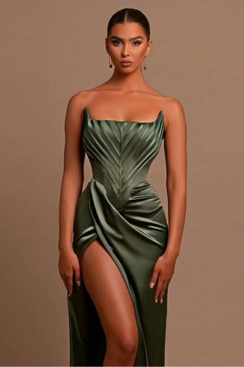 Irregular Neck Seam Corset Strapless High Slit Satin Evening Gown Slim Maxi Dresses