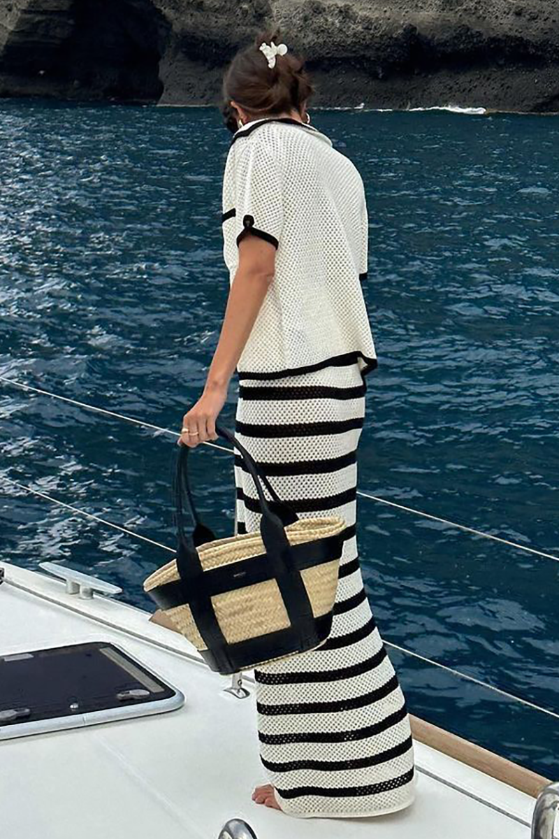 Colorblock Knit Short Sleeve Blouse Striped Maxi Skirt Matching Set-Beige