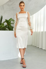 Embroidery Sheer Patchwork Lantern Sleeve Elegant Midi Dresses
