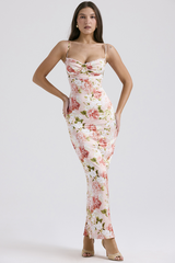 Floral Print Lace Trim Spaghetti Strap Back Slit Hem Slim Fit Maxi Dresses-Pink