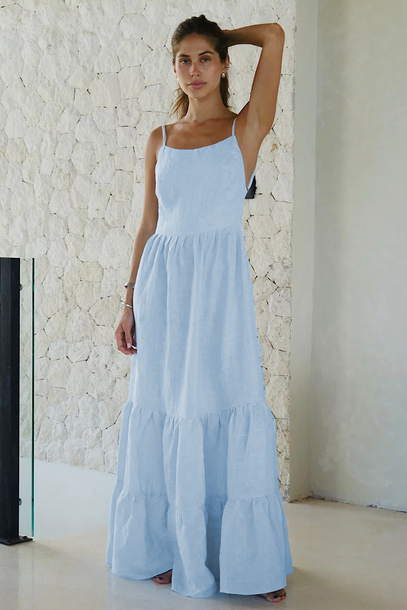 Solid Color Tie Up Backless A-Line Maxi Strappy Dresses-White