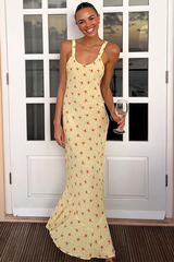 U Neck Ditsy Floral Print Slim Fit Fishtail Maxi Tank Dresses-Yellow