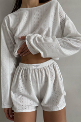 Solid Color Hollow Out Long Sleeve Crop Top Casual Shorts Matching Set-White