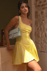 One Shoulder Lace Up Sleeveless A-Line Mini Dresses-Yellow Pre Order