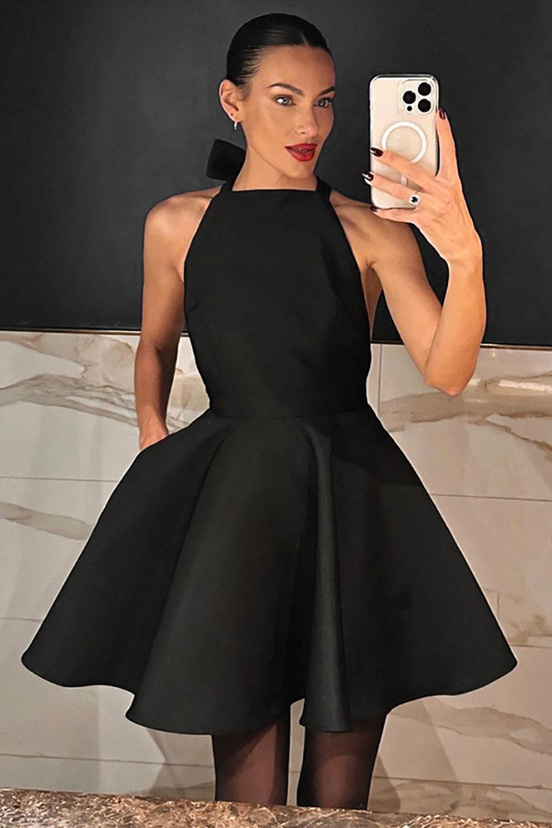 Sleeveless Halter Back Bow Backless A-Line Mini Dresses-Black
