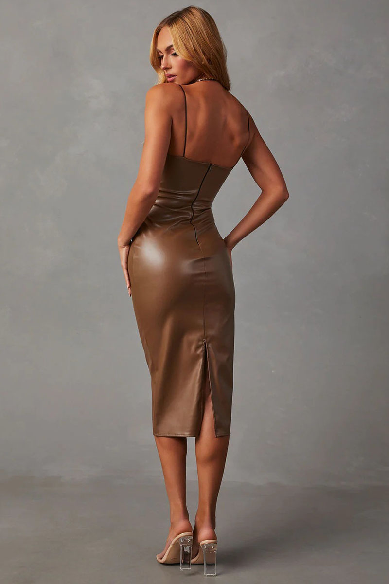 PU Leather Spaghetti Strap Bodycon Slit Hem Slip Midi Dresses-Black