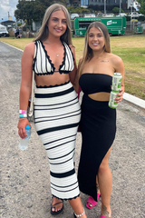 Knit Striped Ripple Trim Deep V Neck Crop Top Vacation Maxi Skirt Matching Set-White