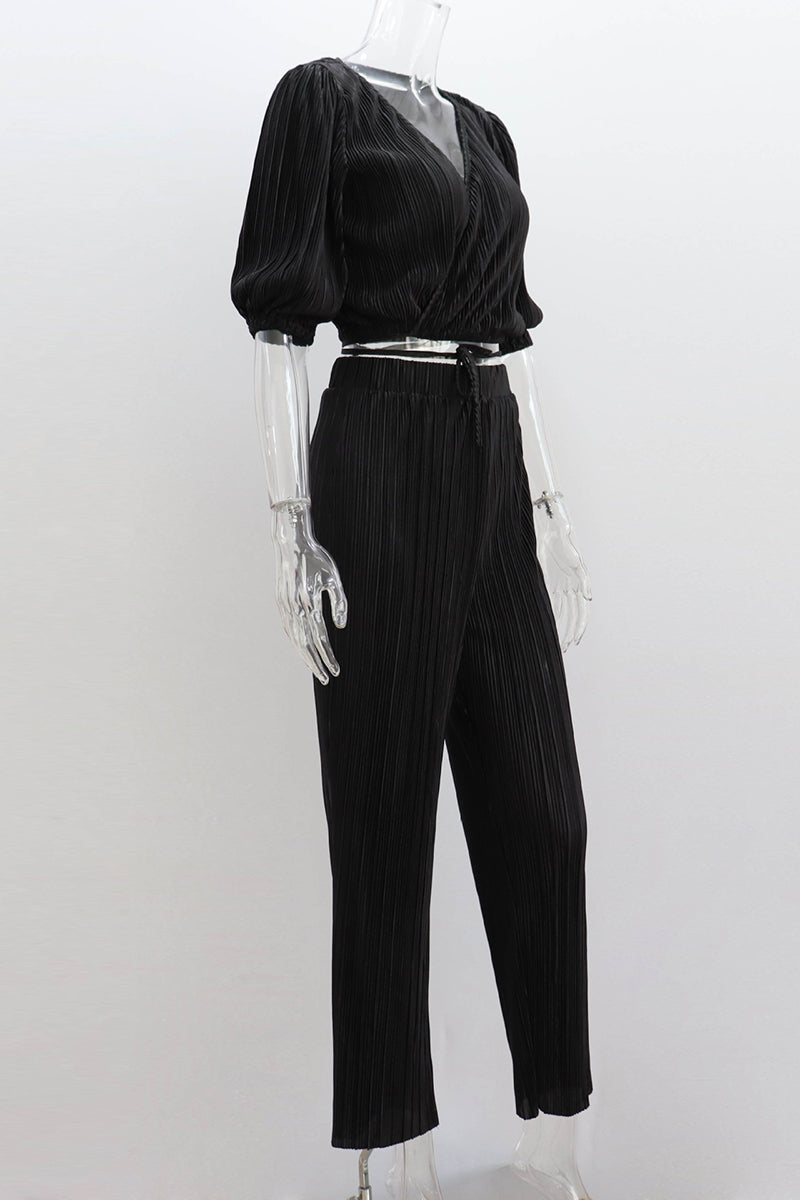 Haif Puffy Sleeve V Neck Tied Up Crop Top Straight Leg Pants Pleated Slim Matching Sets