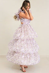 V Neck Ruffle Cutout Floral Print Layered Maxi Dresses-Purple Pre Order
