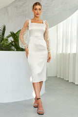 Embroidery Sheer Patchwork Lantern Sleeve Elegant Midi Dresses