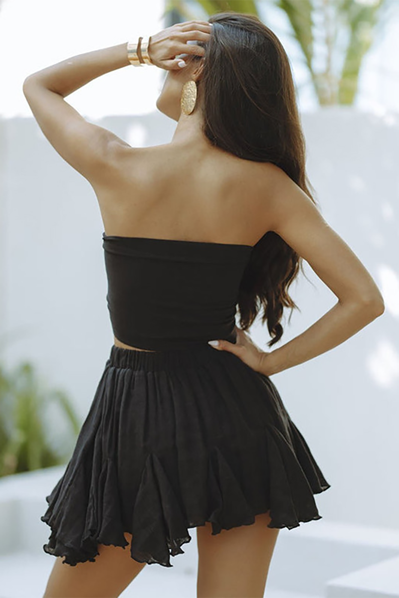 Strapless Tie Up Crop Top High Waist Ruffled Mini Skirt Matching Set-White