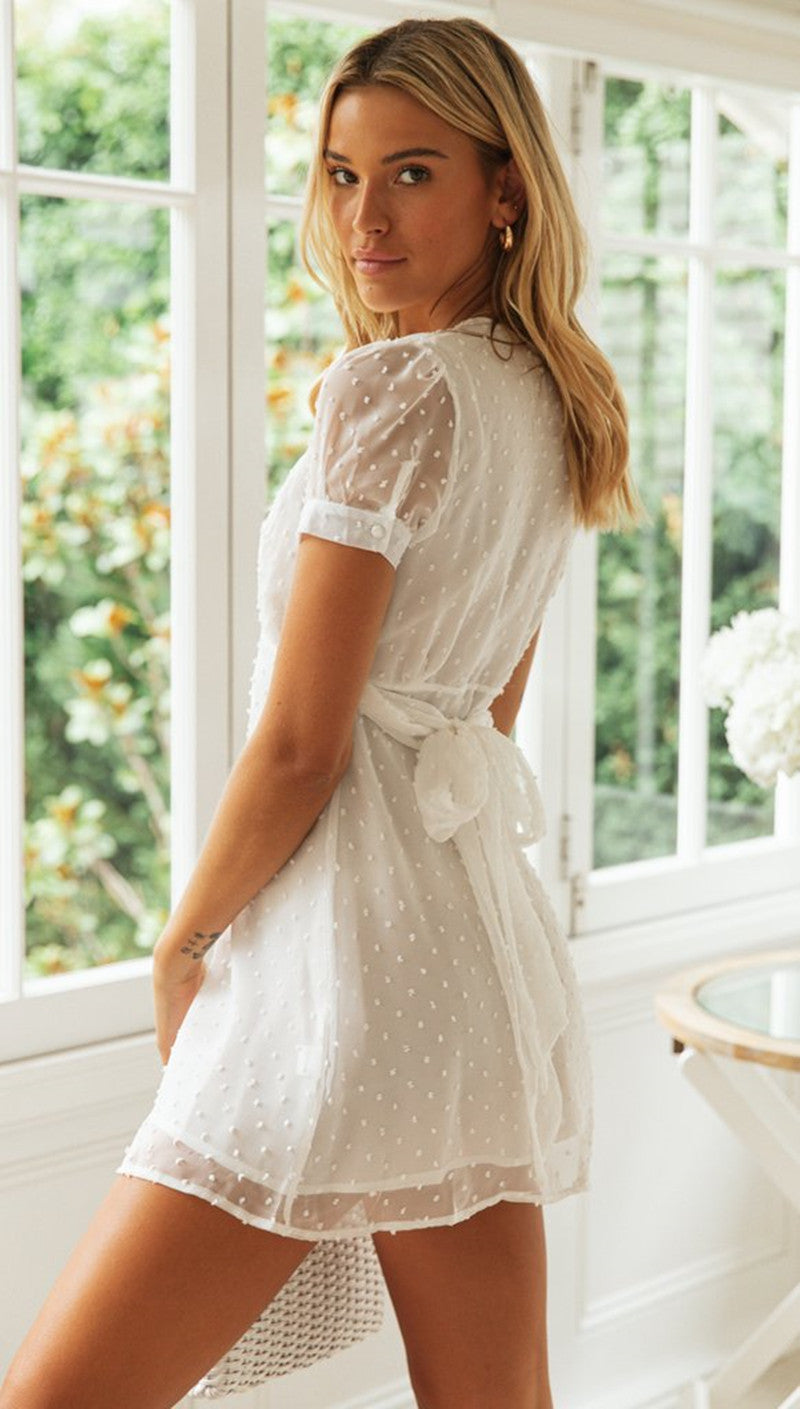 V Neck Solid Color Short Sleeve Mini Dresses