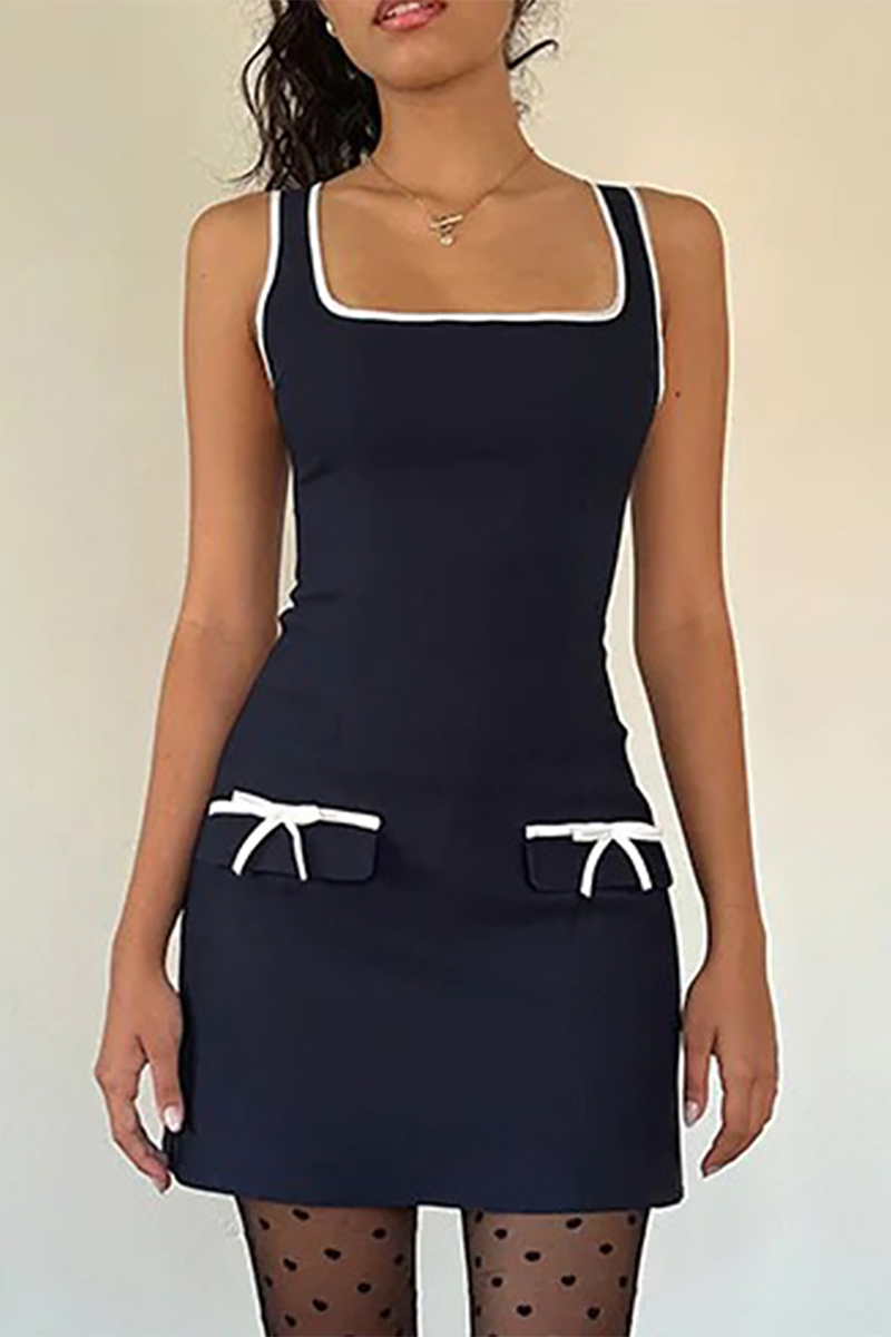 Square Neck Contrast Binding Slim Fit Bow Decor Mini Tank Dresses-Black
