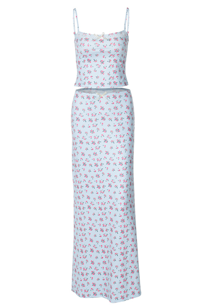 Ditsy Floral Print Crop Cami Low-Rise Slim Fit Maxi Skirt Matching Set-Blue