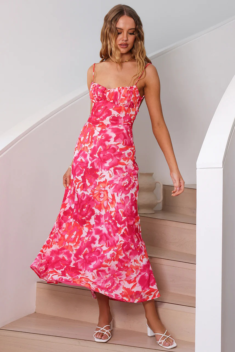 Floral Print Spaghetti Strap Open Back Maxi Dresses-Green