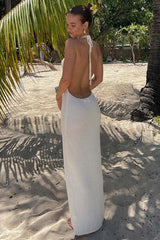 V Neck Halter Backless Elegant Beach Party Vacation Knit Maxi Dresses-White