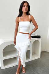 Crop Cami Slim Fit Ruffled Irregular Midi Skirt Matching Set-White