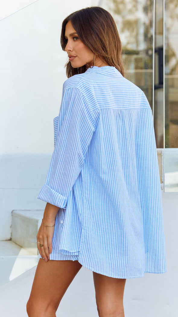 Relaxed Fit Button Up Shirt Set-Pink/Blue Stripe