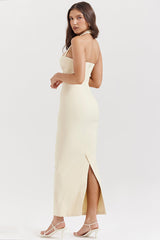 Halter Neck Backless Zipper Split Formal Party Maxi Dresses-Beige