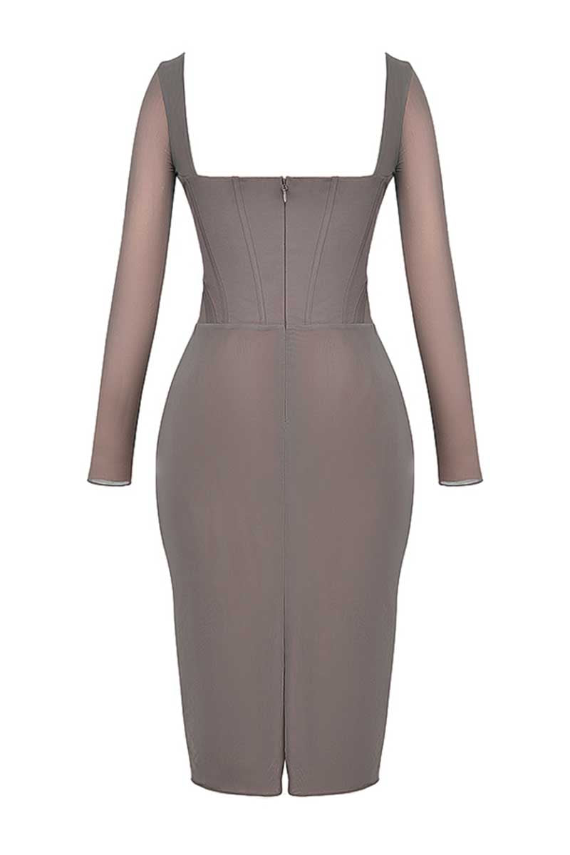 Square Neck Long Sleeve Embroidery Corset Bodycon Midi Dresses-Gray