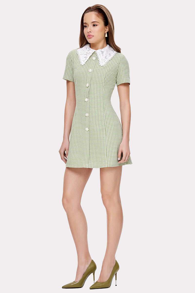 Plaid Print Button Up Doll Collar A-Line Mini Dresses-Green Pre Order