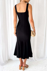 Square Neck Backless Fishtail Hem Sleeveless Plain Midi Dresses-Black
