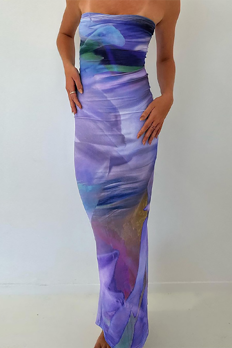 Pattern Print Boat Neck Slim Fit Maxi Tube Dresses-Purple