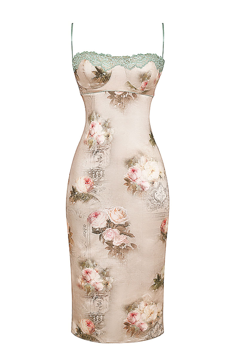 Floral Print Lace Trim Bustier Cocktail Party Cami Midi Dresses