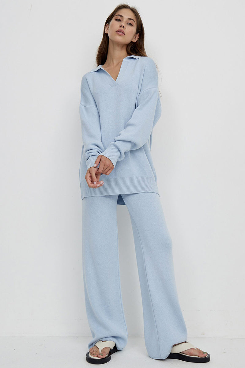 Knit Turndown Collar Sweater Plain Wide Leg Pants Matching Set-Beige
