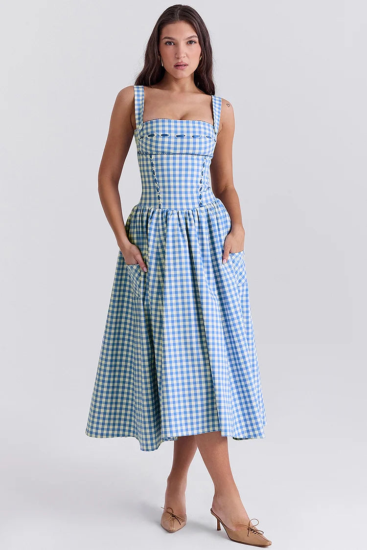 Plaid Print Spaghetti Strap Square Neck Pocket Midi Dresses-Blue