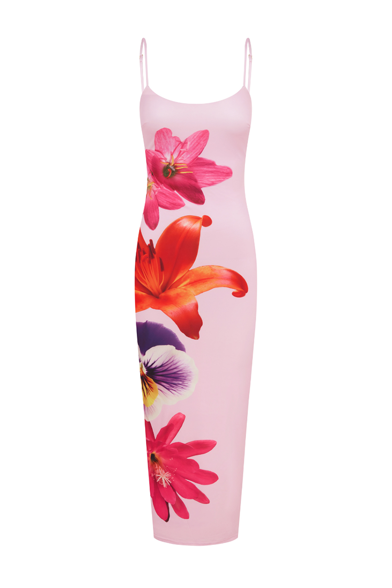 Floral Print Boat Neckline Slim Fit Maxi Strappy Dresses-Pink