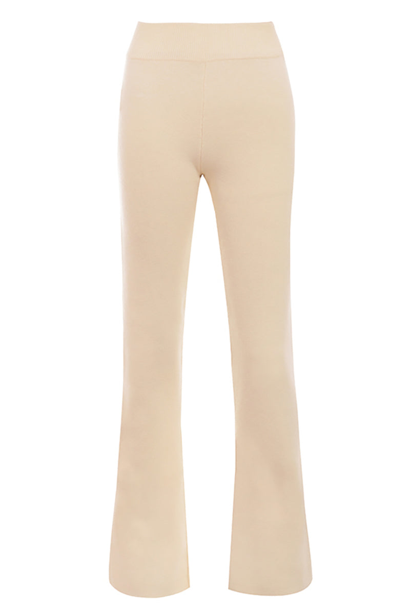 Irregular Folded Stand Collar Lantern Sleeve Sweater Plain Pants Matching Set-Beige