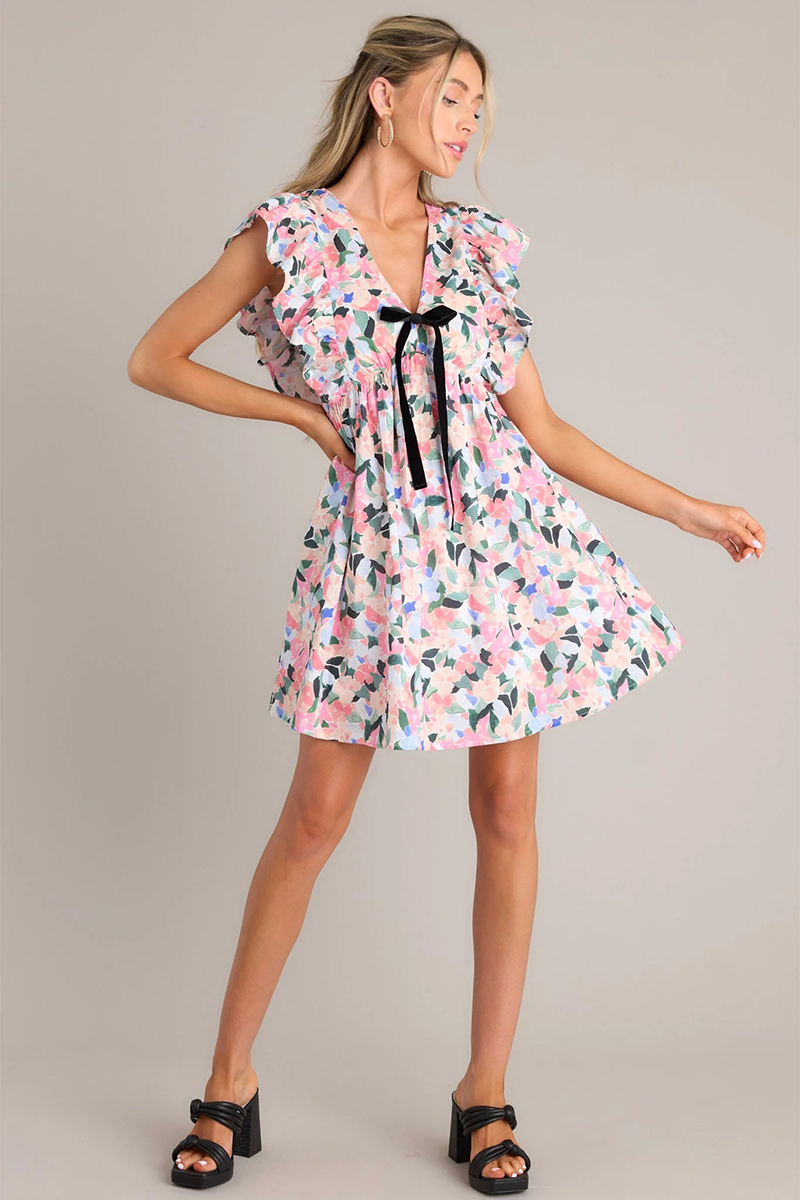Floral Print V Neck Bow Decor Ruffled Sleeve A-Line Mini Dresses-Pink