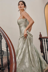 Elegant Floral Print Quilted Lace Up Back Formal Party Flowy Maxi Dresses-Green