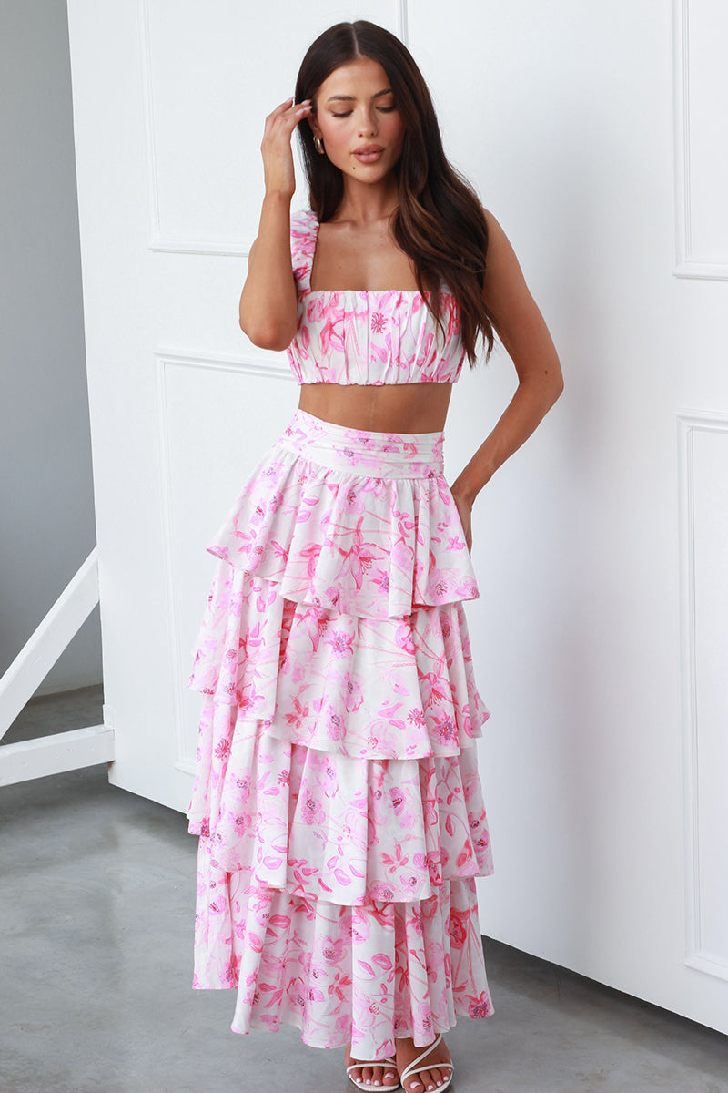 Square Neck Ruched Sleeveless Crop Top High Waist Layered Maxi Skirt Floral Print Matching Set