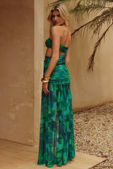 Strapless Cut Out Ruched Slit Floral Print Front Slit Maxi Dresses-Green