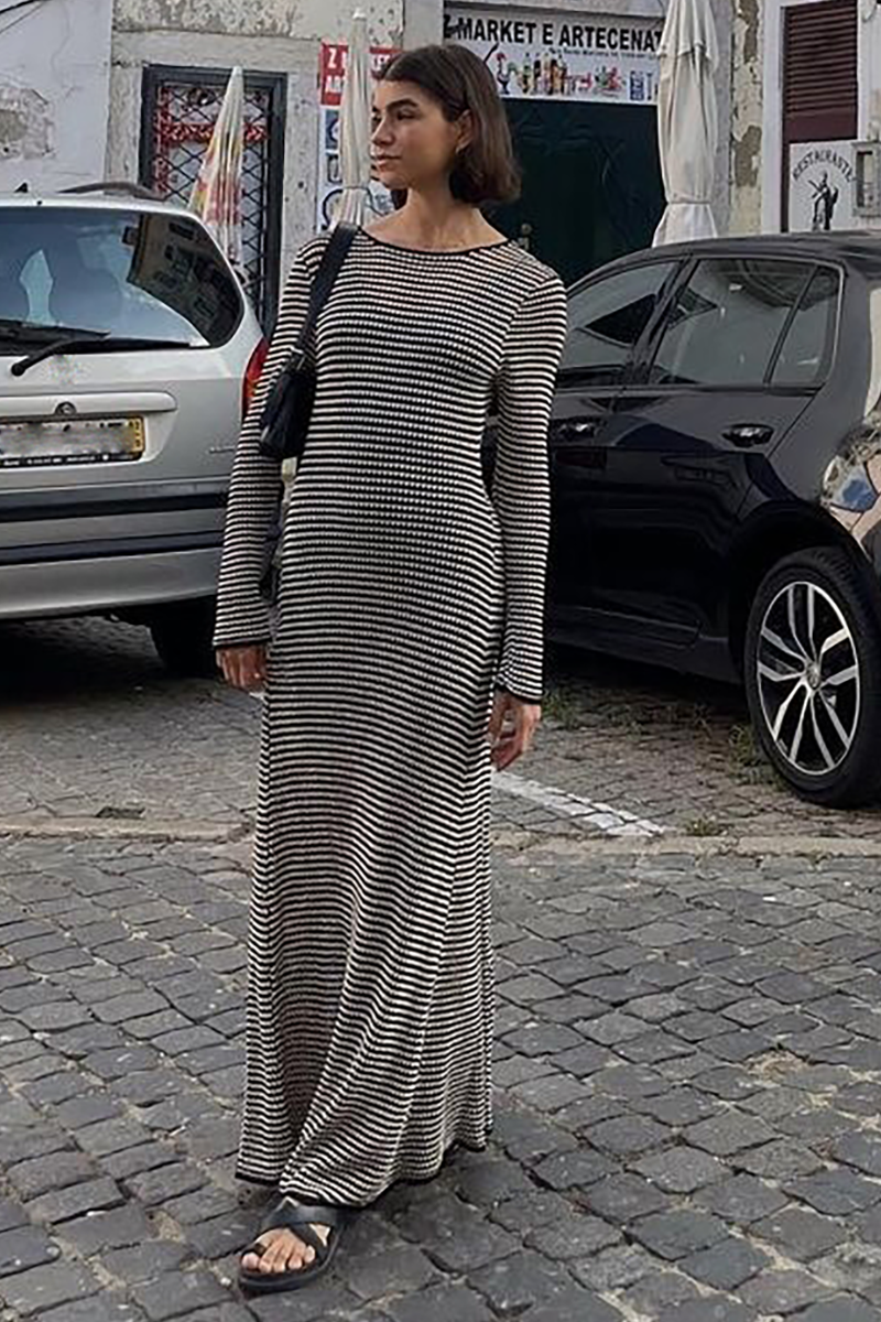 Knit Striped Pattern Long Sleeve Slim Fit Vacation Maxi Dresses-Black