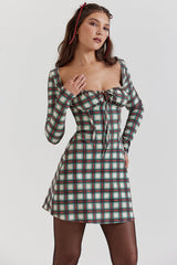 Long Sleeve Square Neck Lace Up Plaid Print Mini Dresses-Red