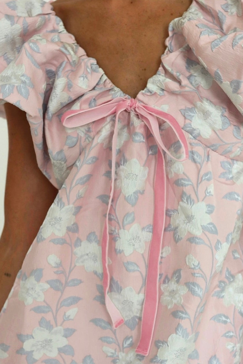 Floral Print V Neck Puffy Sleeve Tie-Up Ribbon A-Line Mini Dresses-Pink