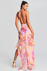 Vacation Cami Boat Neck Floral Print Irregular Ruffle Hem High Slit Tulle Maxi Dresses
