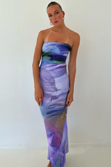 Pattern Print Boat Neck Slim Fit Maxi Tube Dresses-Purple