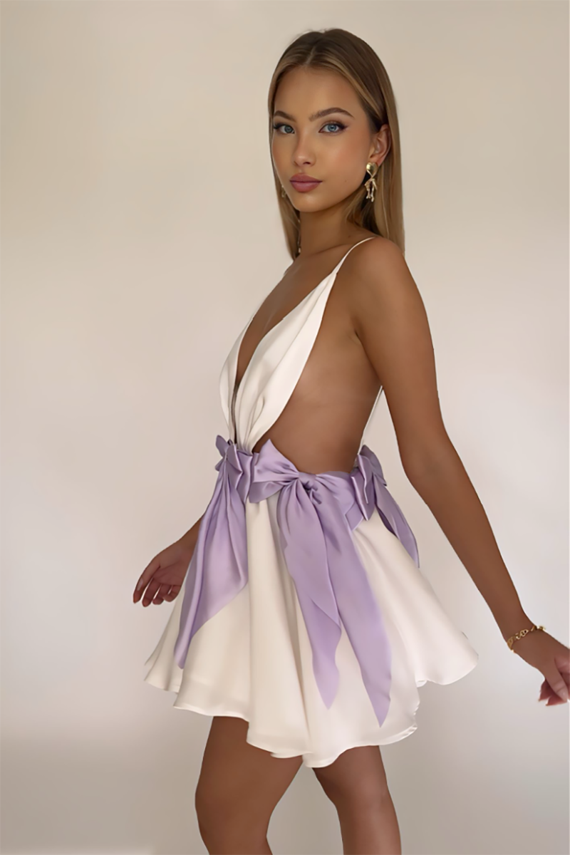 Deep V Neck Colorblock Bow Decor Backless Mini Slip Dresses-White