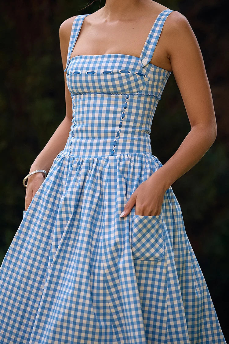 Plaid Print Spaghetti Strap Square Neck Pocket Midi Dresses-Blue