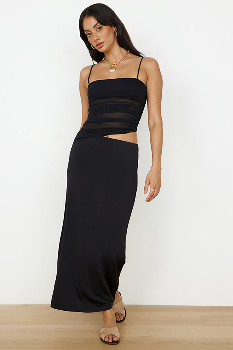 Solid Color Ruched Cami Slim Fit Maxi Skirt Matching Set-White