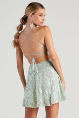 Floral Sequins Cami Lace Up Backless A-Line Garden Party Mini Dresses