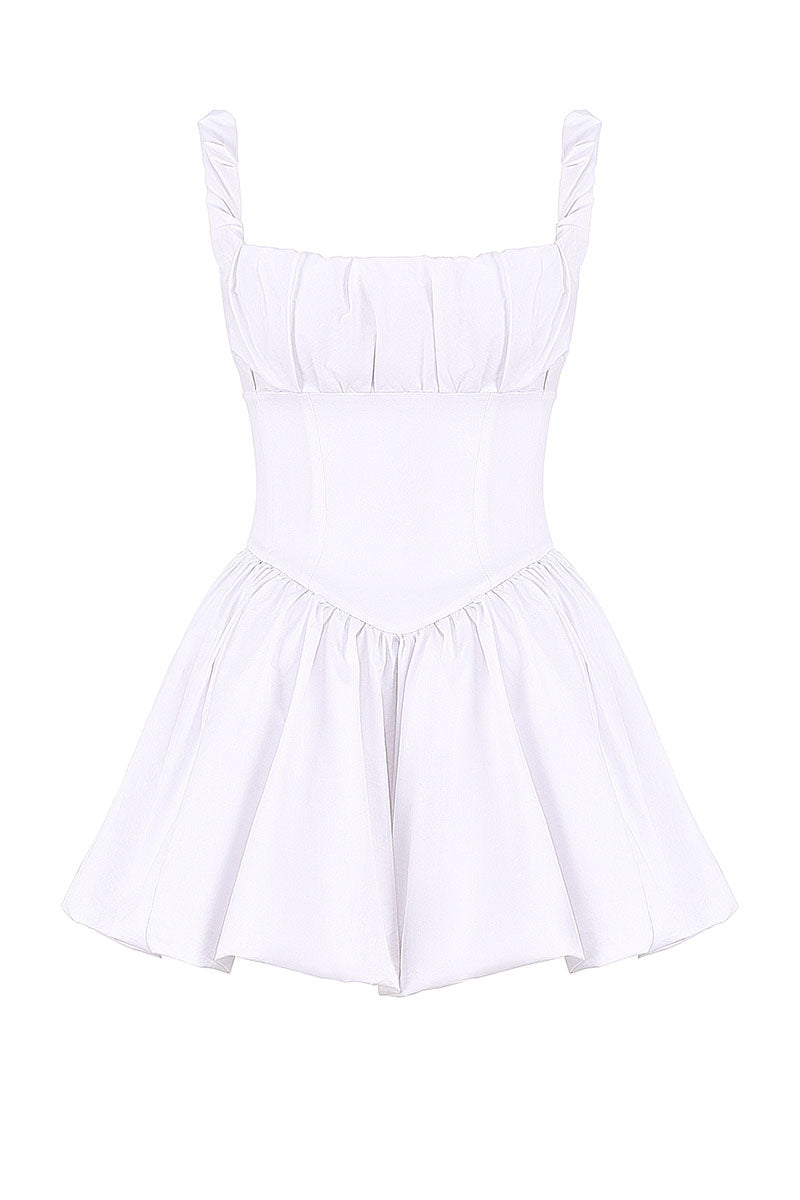 Square Neck Ruched Cinch Waist Bubble Hem Mini Dresses-White