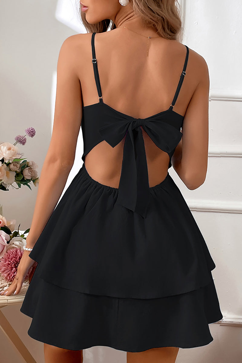 Cami Boat Neck Backless Cutout Bow Knotted Tiered Ruffle White Mini Dresses