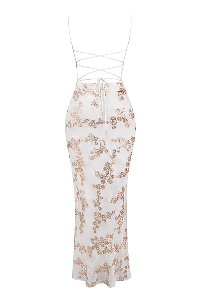 Shimmering Floral Pattern Lace Up Backless Fishtail Hem Slip Maxi Dresses-White