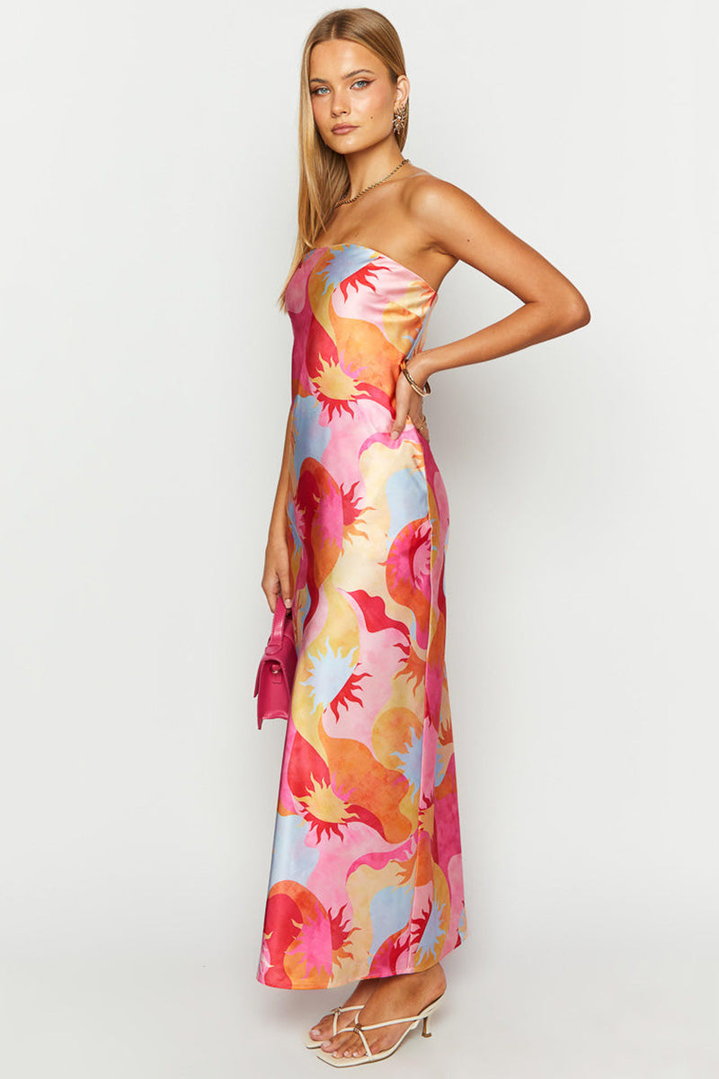 Sun Print Strapless Pocket Bodycon Vacation Maxi Dresses-Pink